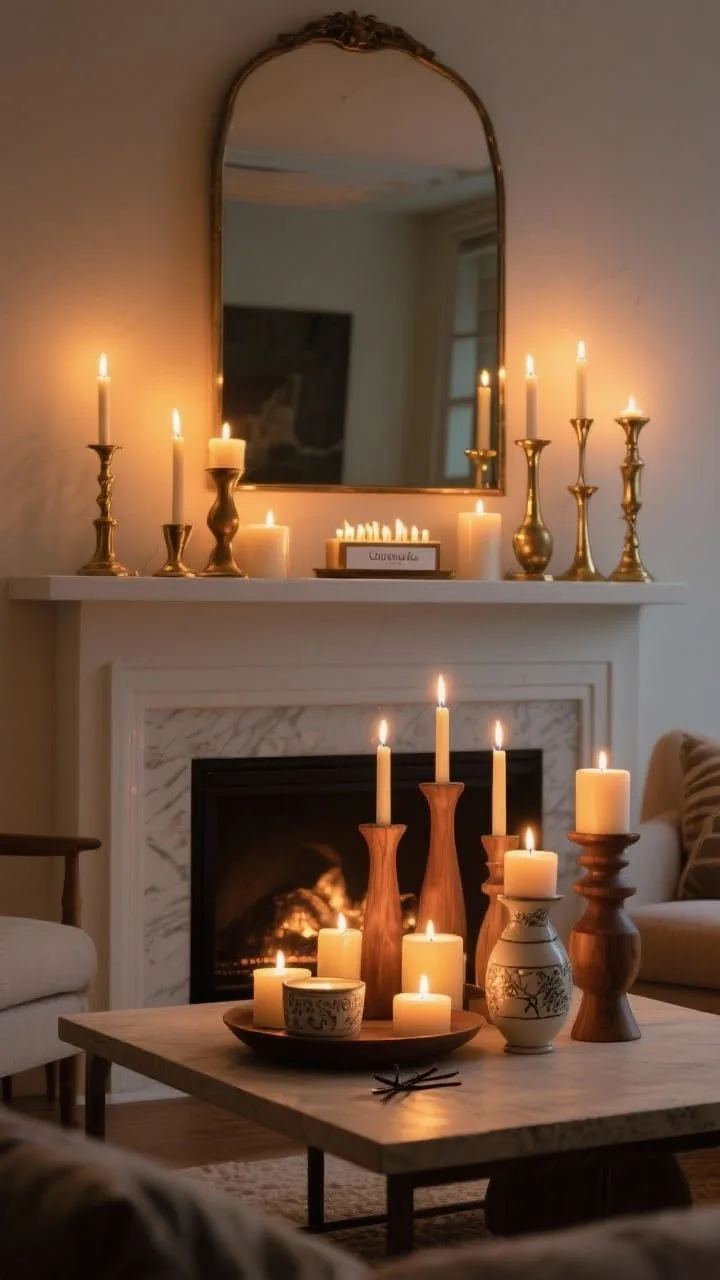Straight-on medium shot of a mantel and coffee table bathed in candlelit glow: staggered candles of different heights, brass candlesticks, wooden pillar holders, and ceramic votives, clustered in balanced groups; a mirror behind the candles doubles the warm light; an LED taper set on a high shelf for safety; the overall scent story implied by cedar and vanilla labels; evening ambiance with warm, low lighting; no people.