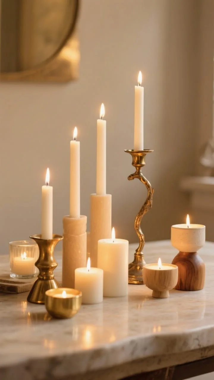 Intimate detail shot, Candlelight focus for golden-hour glow: a mix of ivory and warm beige tapers, pillars, and tea lights at varied heights. Include a trio of tall tapers, a few low votives, and mixed holders in brass, wood, and ceramic. Optional single asymmetric aged-brass candelabra off-center for subtle drama. Photorealistic warm golden-hour lighting with natural flame reflections on nearby neutral surfaces.