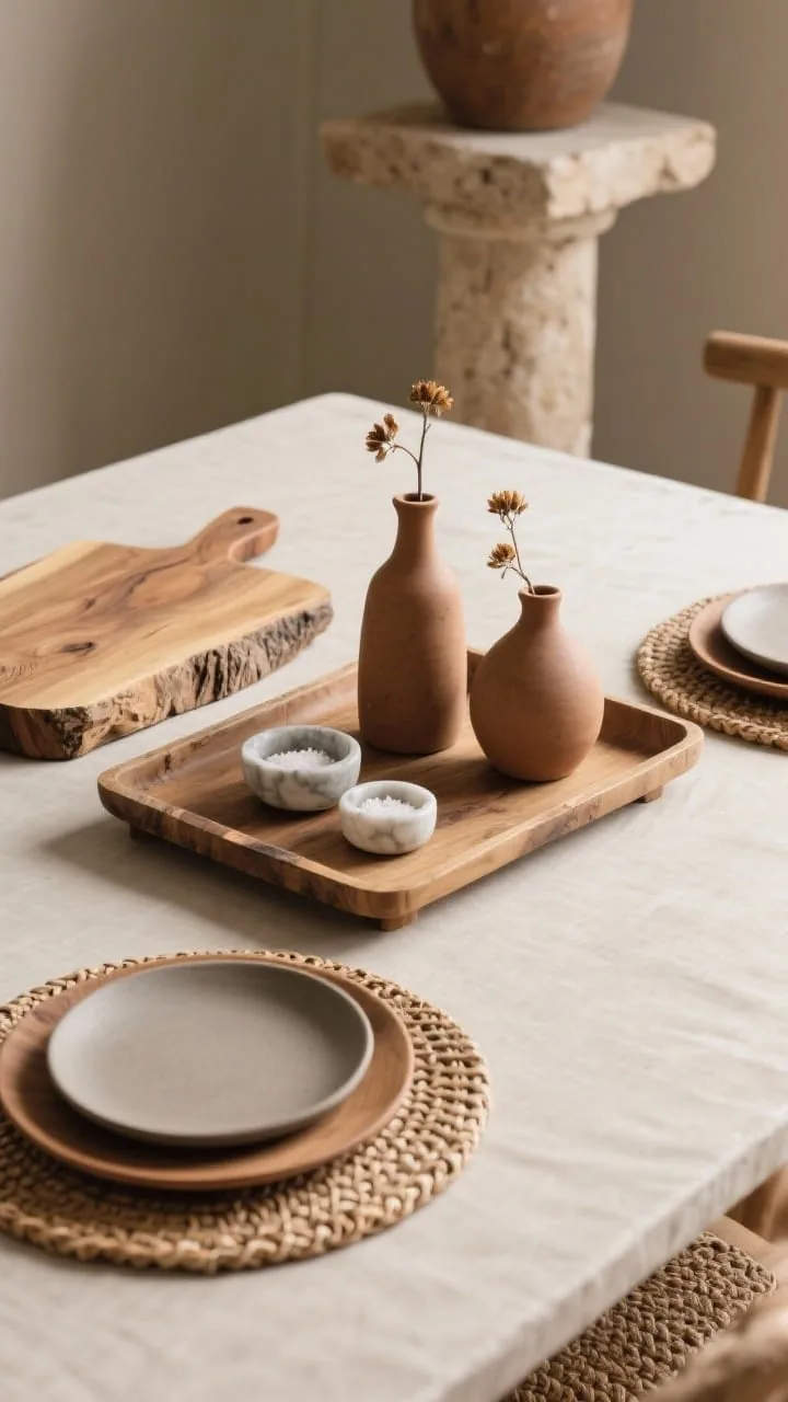 Overhead detail shot, Organic material mix on a neutral table: raw-edge wood serving board, wooden chargers, matte stoneware plates, a pair of clay bud vases, rattan placemats, a woven tray centered on the table, and small marble salt pinch bowls beside a low travertine pedestal. Keep forms simple and slightly chunky to convey cozy fall weight. Soft diffused light highlighting natural textures.