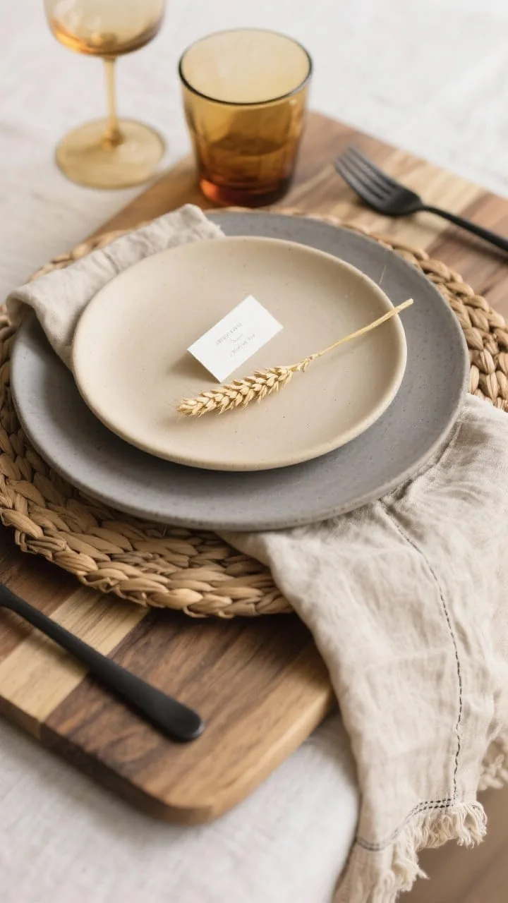 Overhead place-setting closeup, Subtle layered setting: a woven charger or slim wood board base, topped with a bone-colored matte stoneware dinner plate and a stone-gray salad plate. Flax/oatmeal linen napkin casually knotted and tucked under the salad plate. Brushed gold or matte black flatware for contrast. Clear or smoky/amber glassware with clean shapes. Add a mini place card and a single stem of dried wheat on the plate. Soft, even lighting to emphasize layering.