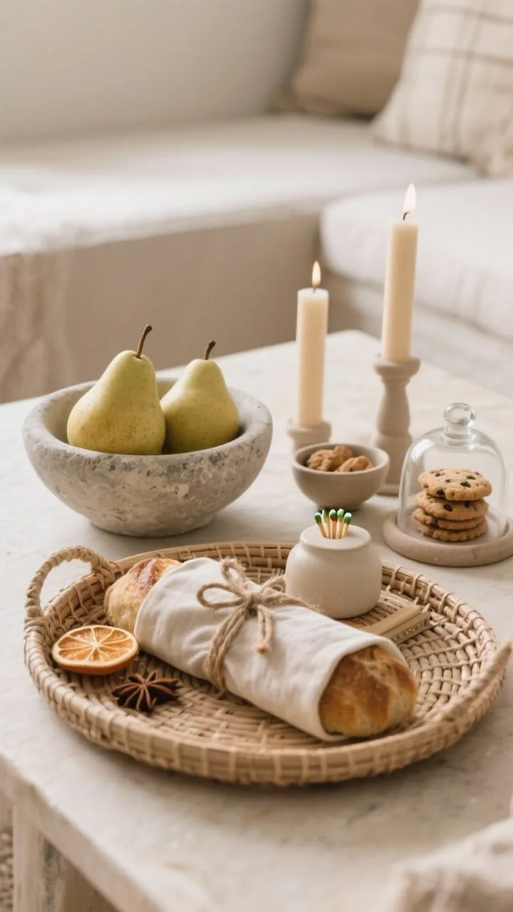 Tight vignette shot, One cozy, unexpected neutral accent styled beside candles: a stone fruit bowl with pale pears on a woven tray, or a linen-wrapped loaf of bread tied with twine, accompanied by a ceramic match striker next to neutral tapers. Optional mini glass cloche covering a small stack of cookies. Include a subtle bowl of dried citrus and cloves nearby for a gentle scent visual. Keep the scene curated, not cluttered; warm, inviting light.
