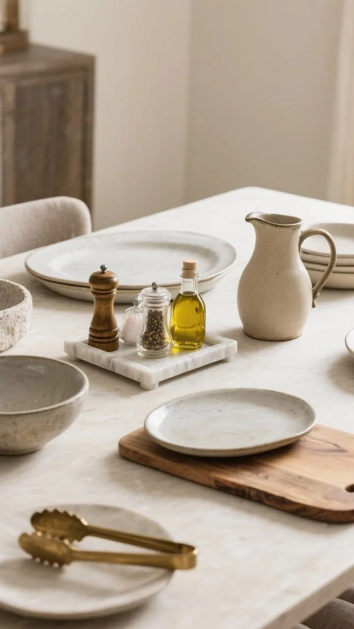 Wide table-in-use shot, Functional, beautiful neutral serveware as decor: glazed ceramic oval platters, low-profile stone bowls, wooden boards, and a vintage-inspired neutral pitcher arranged for easy passing. Corral oils, salts, and pepper grinders on a small marble or wood tray. Mix finishes with aged brass tongs paired with a ceramic bowl. Clean lines, cohesive neutral tone family, photorealistic ambient daylight with soft shadows.