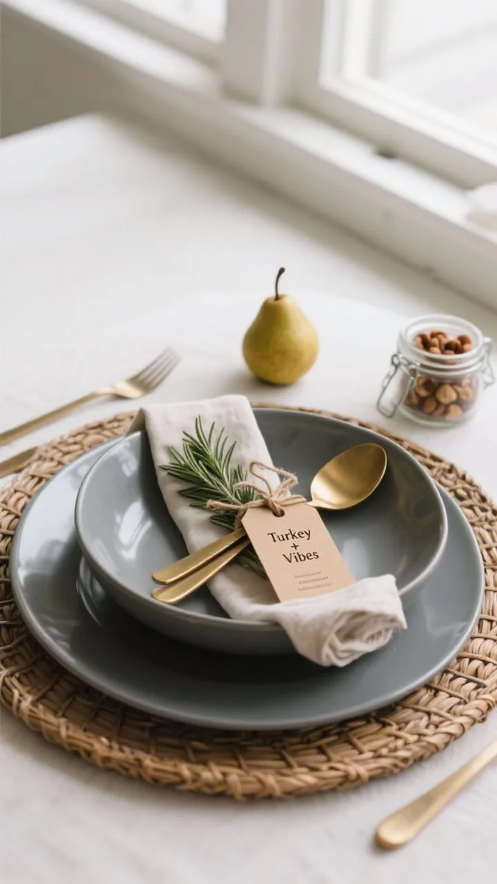 A closeup, front-facing detail of a single layered place setting: a rattan or matte metal charger anchors a matte dinner plate stacked with a glossy salad plate or bowl. A neatly knotted cloth napkin is tucked into the bowl, with brass or mixed-finish flatware placed cleanly. Add personal touches, a kraft tag place card tied to a mini pear or sprig of rosemary, a minimalist printed menu card reading “Turkey + Vibes,” and a tiny jar of spiced nuts beside the plate. Soft window light highlights materials and edges.