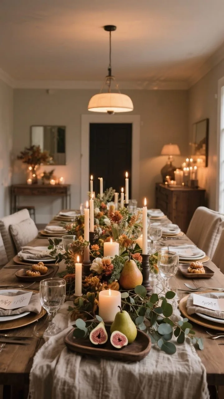 A concluding wide room shot of the entire Thanksgiving setup, photorealistic and people-free: the table reads cohesive and curated, layered textures, a low, movement-filled centerpiece, mixed candle heights, and a tight color palette carried through linens, florals, and candles. Natural elements like figs, pears, and eucalyptus are contained neatly on trays. Place settings show personalized cards and a small edible favor. Lighting blends warm dimmed overhead and candlelight, suggesting a linger-worthy, comfortable dining experience.