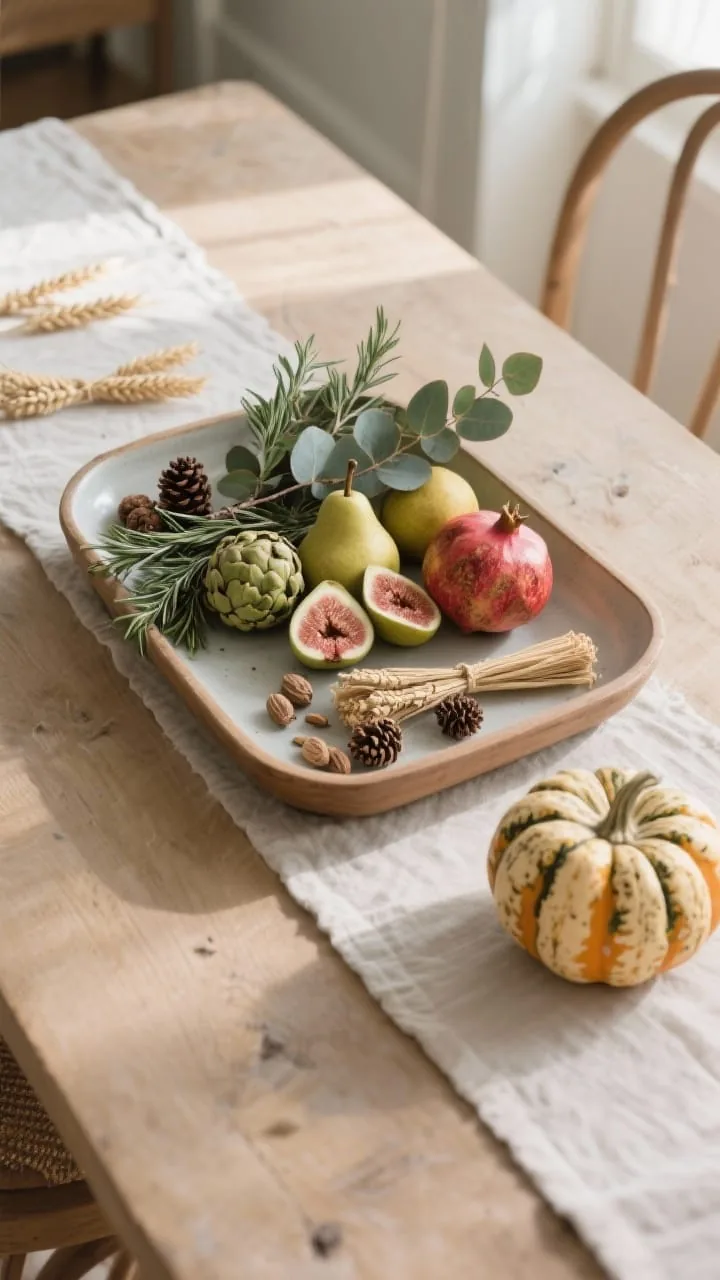 A medium, overhead tray vignette bringing in nature without mess: a shallow wooden or ceramic tray corrals luxe organic elements, figs, pears, pomegranates, and a few small artichokes arranged sculpturally; sprigs of eucalyptus, bay, and rosemary woven between. Add textural accents in odd-numbered clusters: small wheat bundles, pinecones, and seed pods. Nearby, a scrubbed heirloom pumpkin sits clean and dry on the runner. The look is tidy, low-profile, and fresh, with gentle morning light.