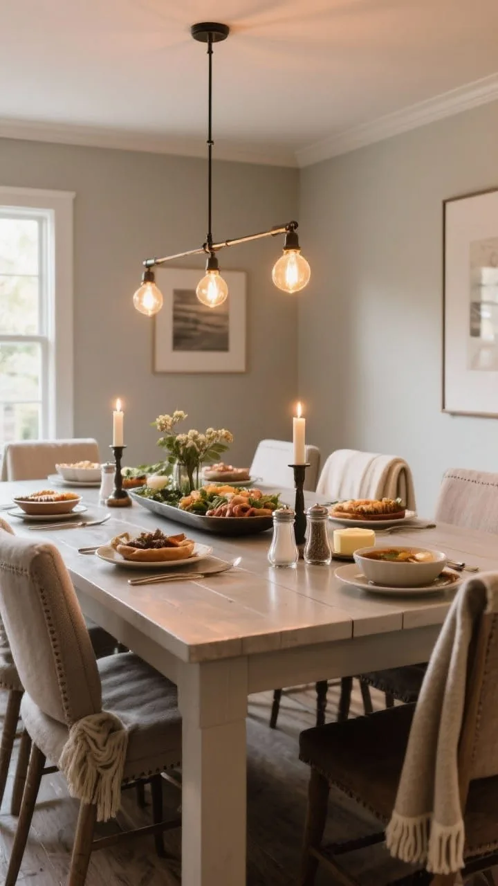 A wide, functional dining table scene from a corner angle, emphasizing usability: a clear center lane left open for family-style platters, a low centerpiece under 12 inches tall, and doubled essentials, salt, pepper, butter, gravy, placed at both ends. Lighting is practical and cozy: dimmed overhead with warm bulbs, candles providing ambient glow. Add a few soft throws draped over chair backs for comfort. The arrangement feels spacious for passing dishes and lingering conversation.
