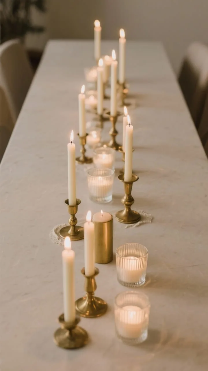 An overhead, linear tabletop composition showcasing a curated candle moment: groupings of dripless unscented candles, slender tapers in classic brass holders, chunky pillars on minimalist bases, and low votives in ribbed glass, arranged in 3–5 clusters down the table’s center. Include museum putty detail subtly keeping tapers straight. The overall color palette is neutral and warm; candlelight produces a soft, glowy ambience without heavy fragrance. Background elements are minimal to emphasize candle heights and holder styles.