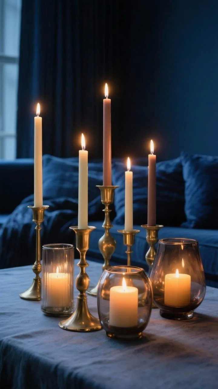 Detail/medium hybrid shot focusing on candlelight warming cool blues: mismatched brass candlesticks with unscented cream and taupe tapers, plus a couple of smoky glass hurricanes with pillar candles. Arrange in odd-numbered clusters (3 or 5), mixed heights but all under eye level. Background hints of navy textiles to contrast with amber/smoky glass. Evening ambient light with candle glow as primary source, cozy and moody, photorealistic, no people.