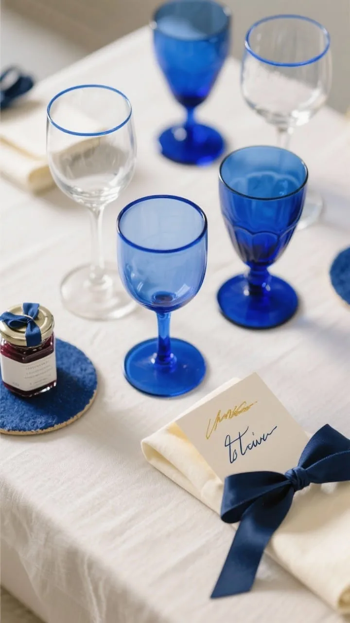 Overhead detail shot of table accents: cobalt blue water goblets beside clear wine stems, blue-rimmed glasses, cream place cards handwritten in navy ink with a gold paint pen accent, and a small favor like a tiny jar of blueberry jam tied with a navy ribbon. Include indigo-dipped coasters and a subtle navy ribbon around a napkin. Balanced composition that echoes blue in multiple points without overwhelming. Soft natural light, photorealistic, no people.