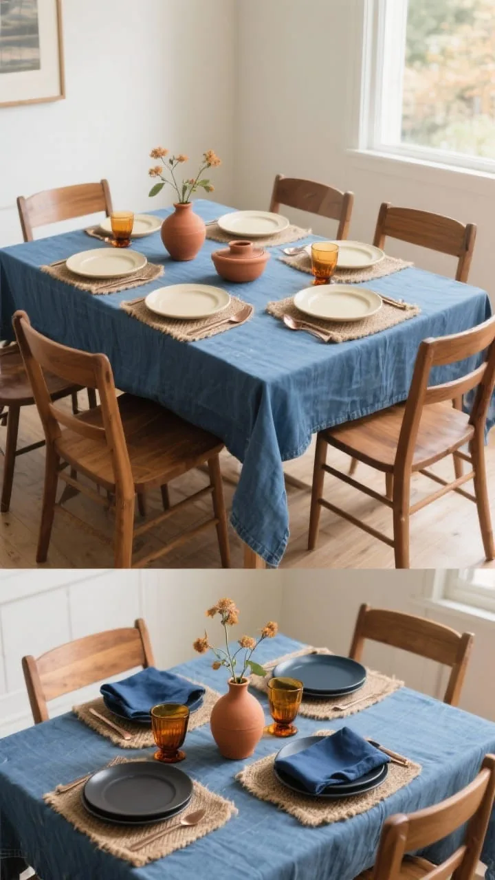 Wide room shot from a corner angle showcasing a blue-focused table paired with earthy neutrals: a denim tablecloth, warm wood table and chairs, jute placemats, terracotta bud vases, cream dinner plates, and copper flatware. Include a second vignette on the same table showing ink-blue napkins with charcoal plates and amber glassware to illustrate the palette mix. Keep blues within 2–3 shades. Natural daylight with a warm tone, grounded and seasonal mood, photorealistic, no people.