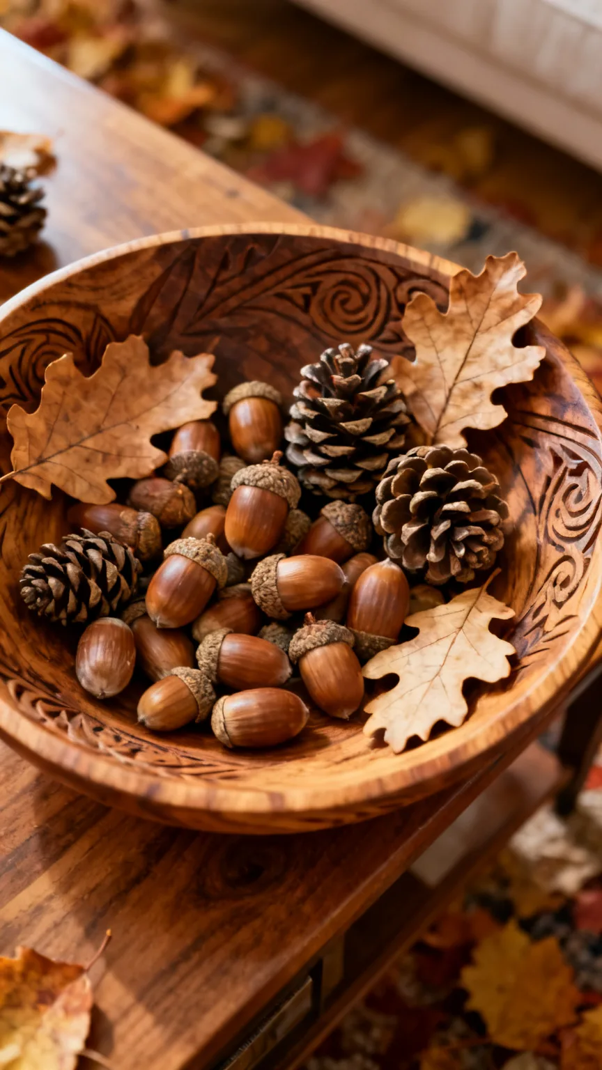 Wooden bowl with acorns and pinecones on coffee table