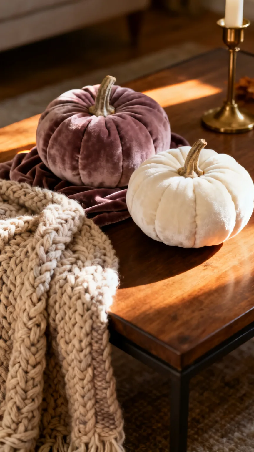 Velvet pumpkin and knit throw on coffee table