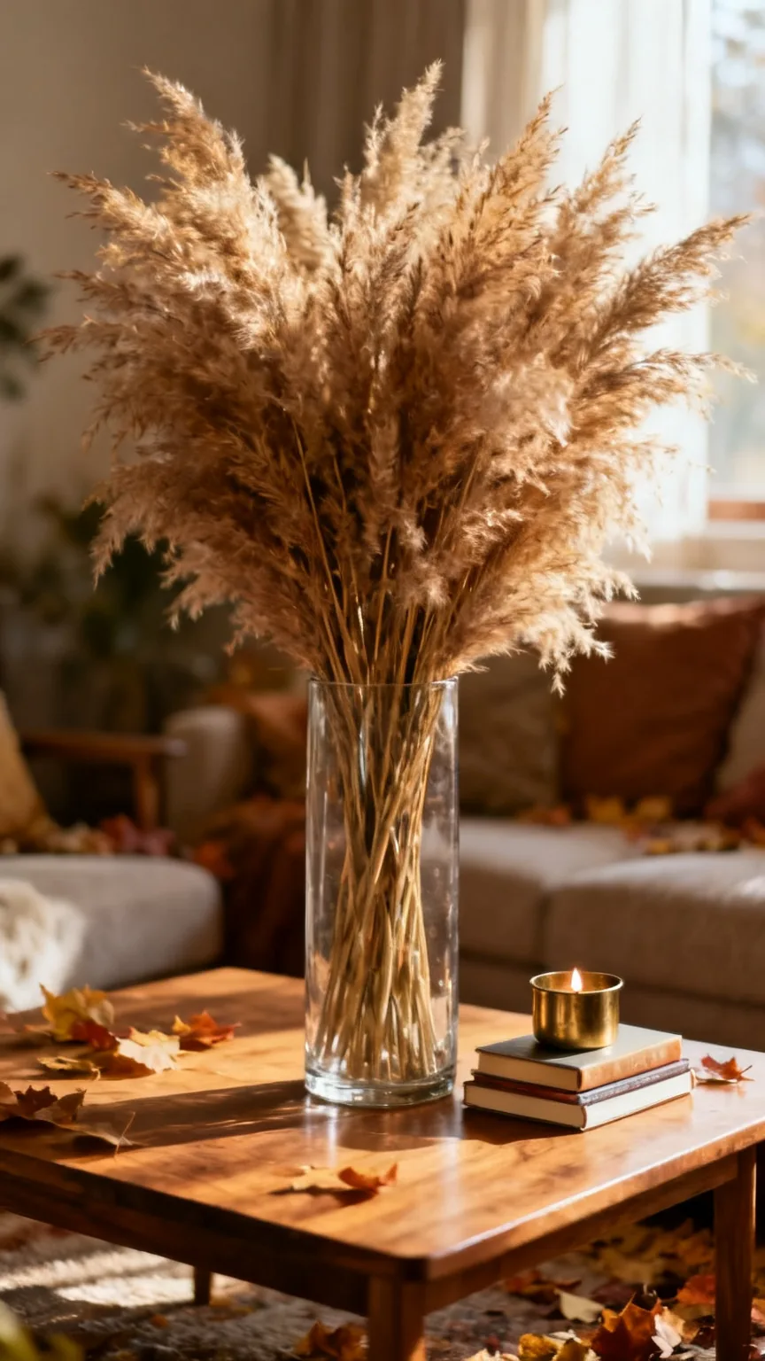 Pampas grass in glass vase on coffee table
