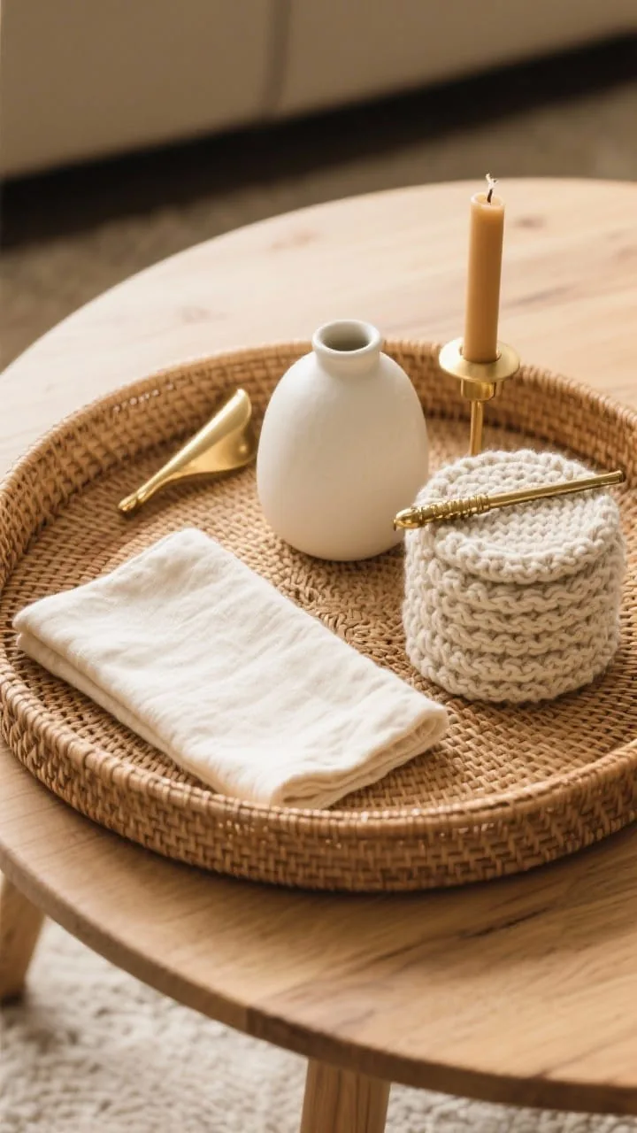 Fall coffee table with layered textures and rattan tray