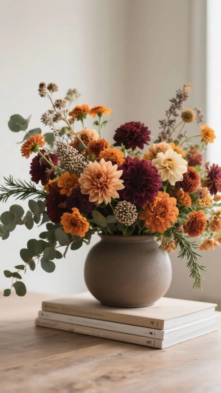Low lush fall floral moment on coffee table