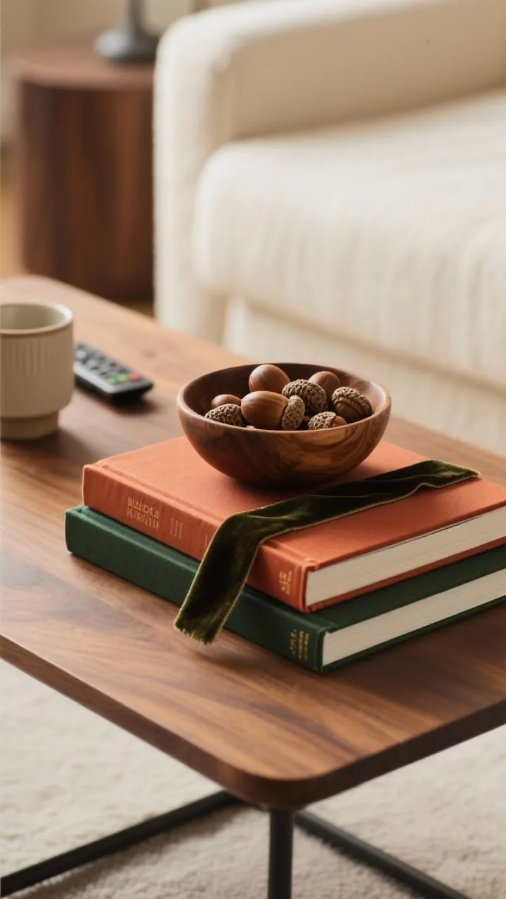Seasonal stack of books with small accents on coffee table