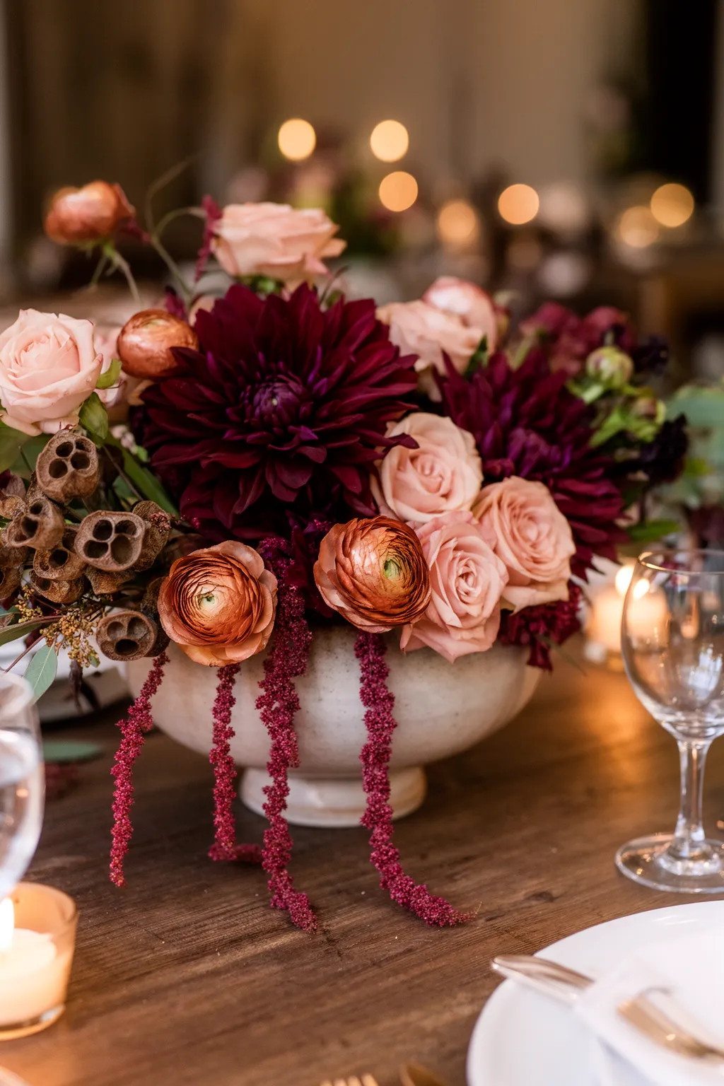 Moody fall wedding floral centerpiece variation 1