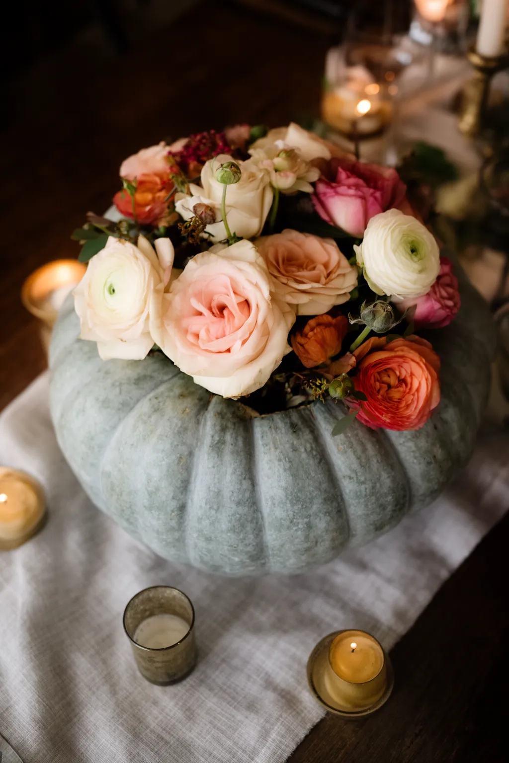 Pumpkin vessel centerpiece for fall wedding variation 1