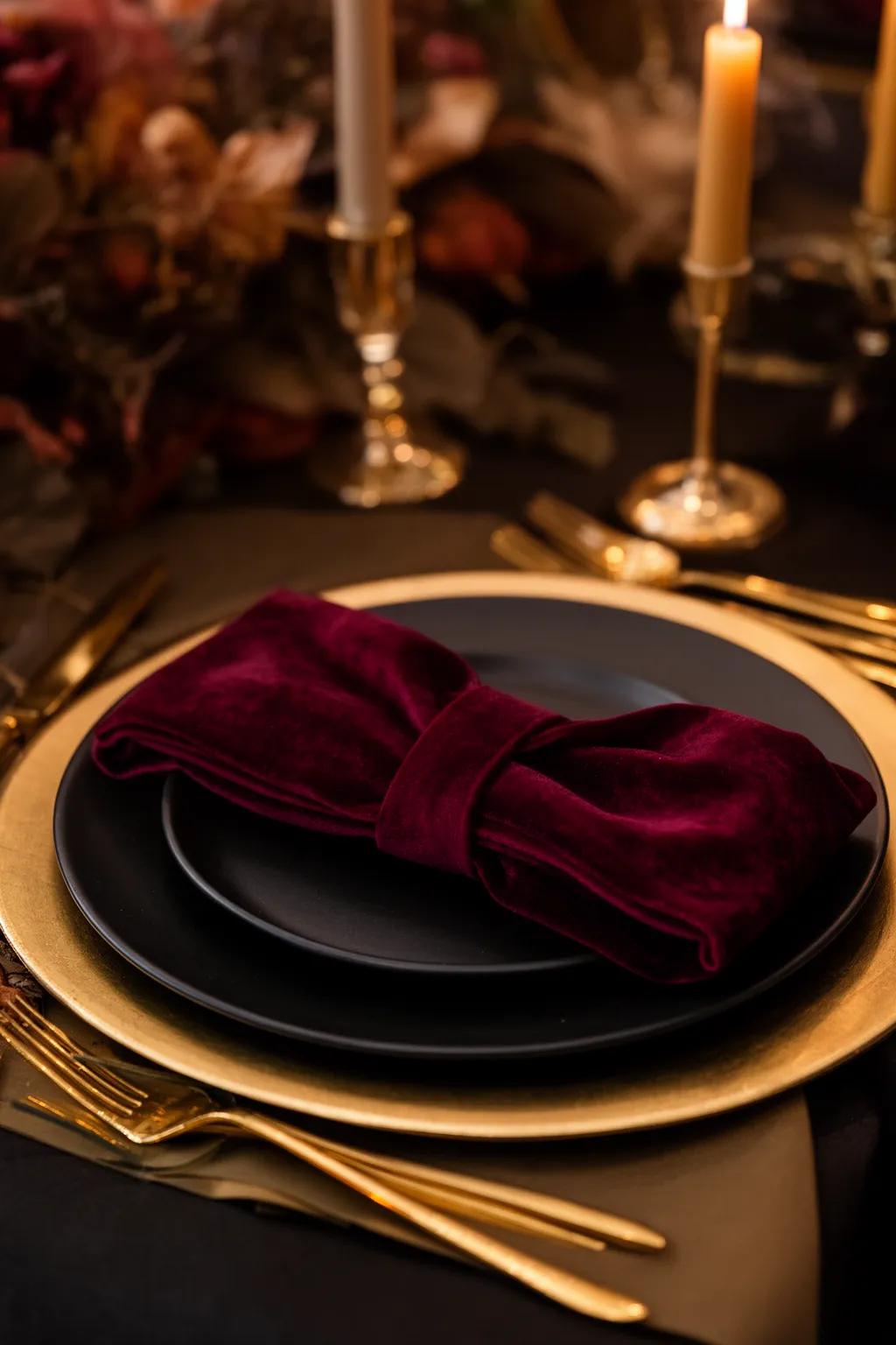 Black and gold glam fall wedding tablescape variation 1