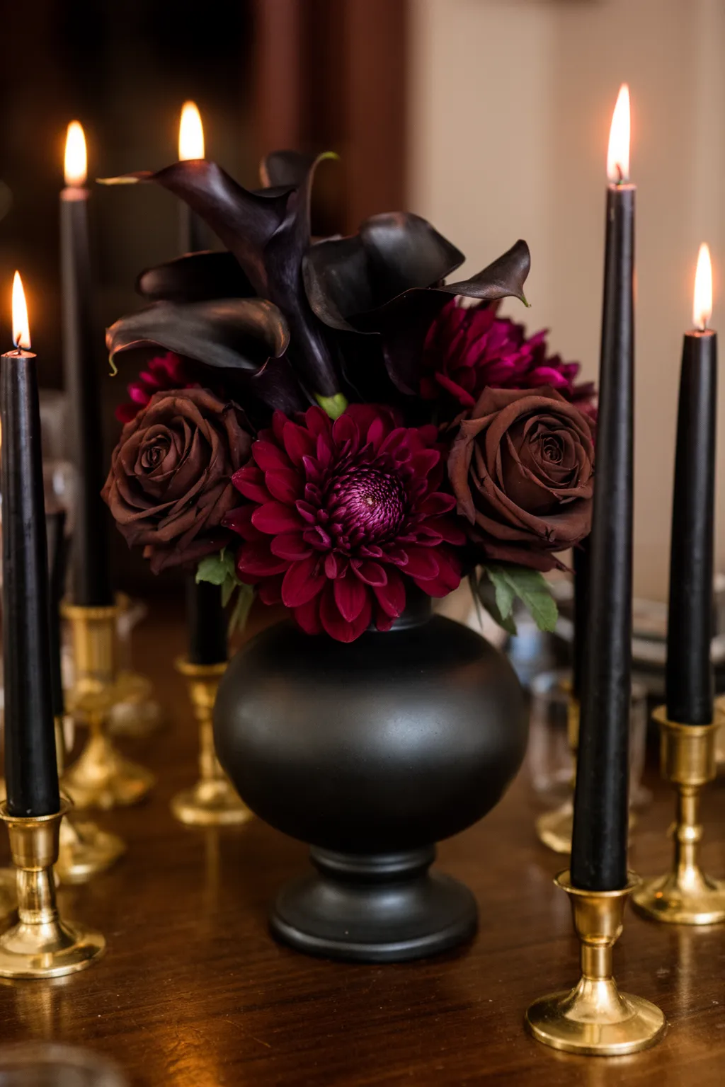 Black and gold glam fall wedding tablescape variation 2