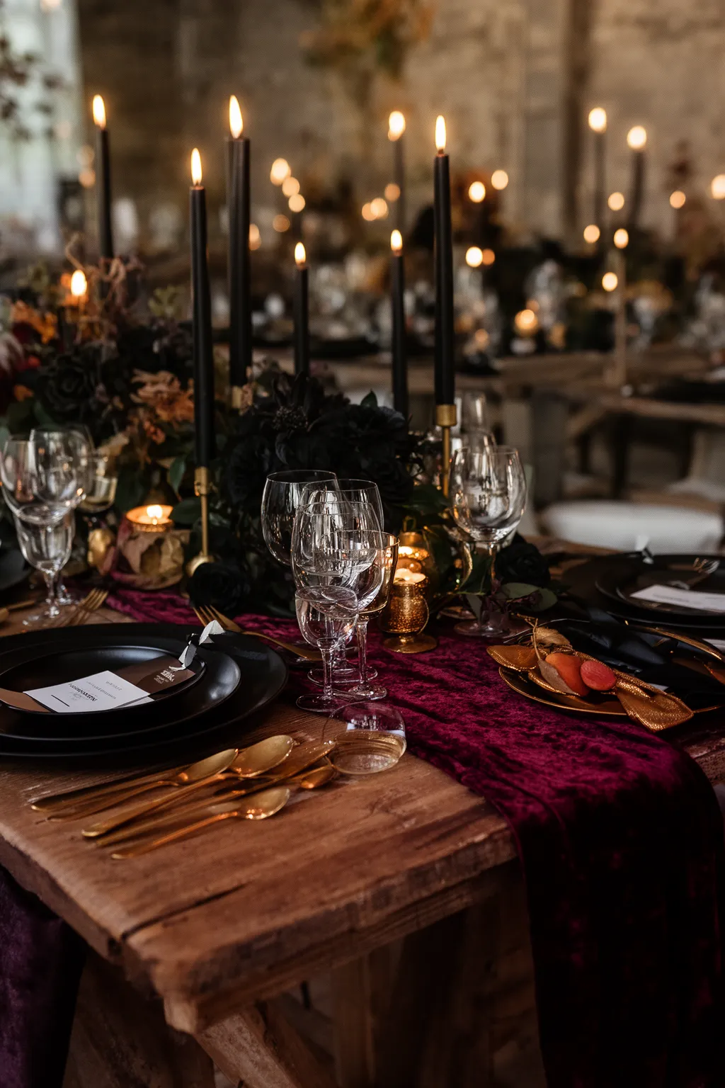 Black and gold glam fall wedding tablescape variation 3