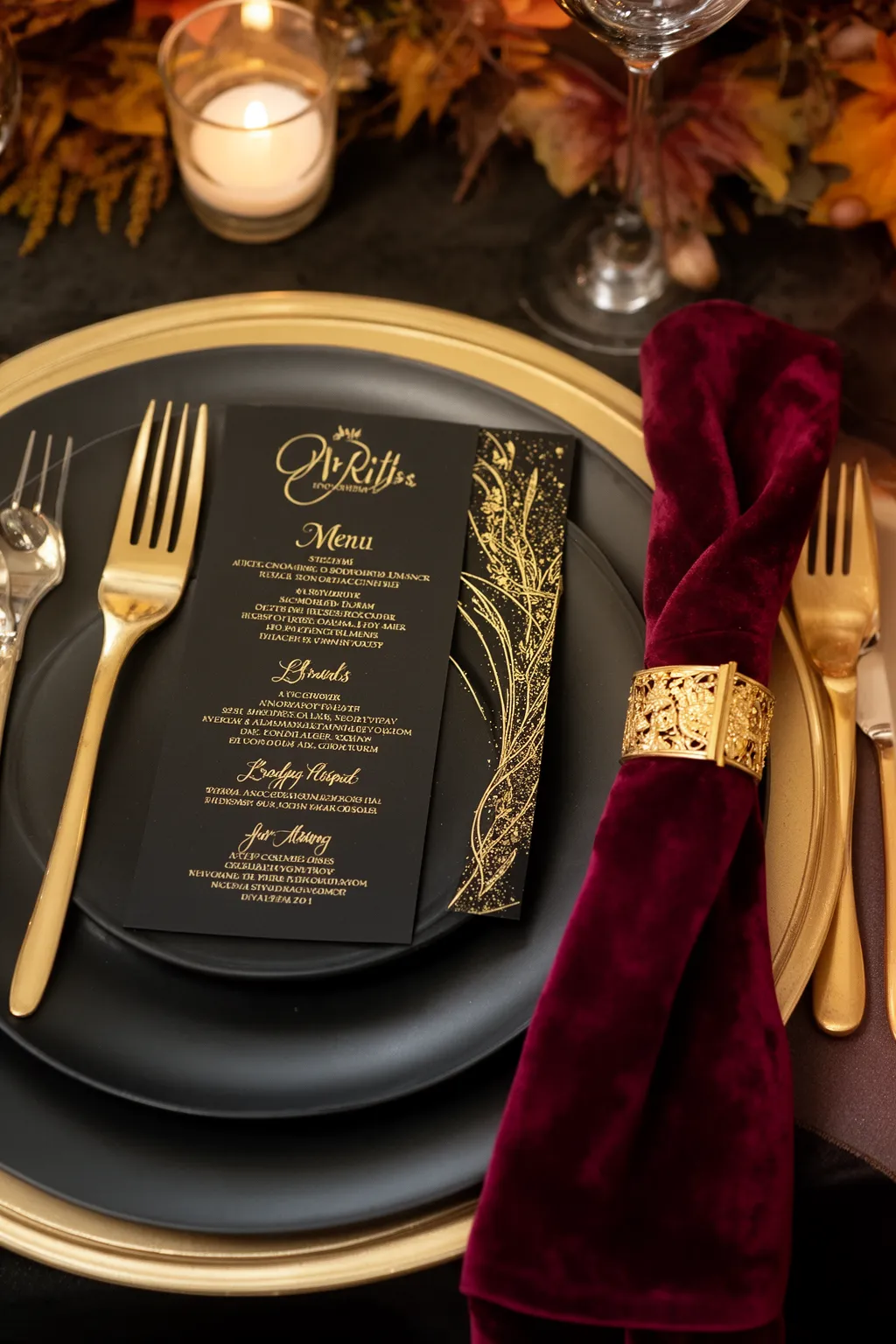 Black and gold glam fall wedding tablescape variation 4