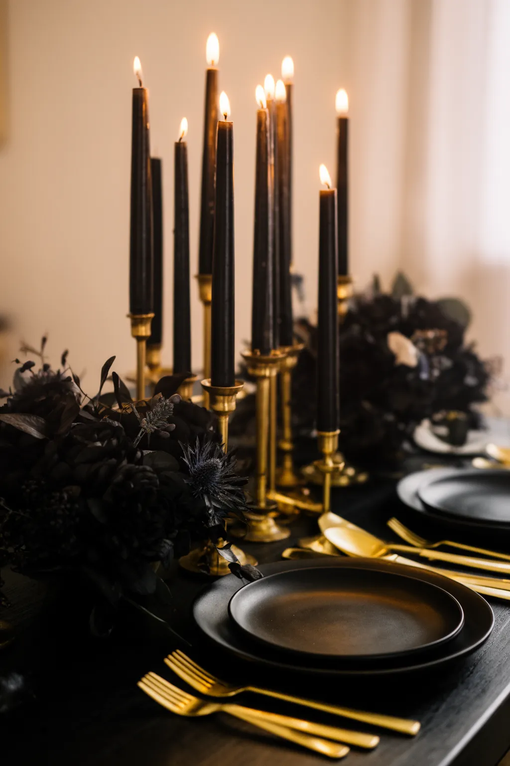 Black and gold glam fall wedding tablescape variation 5