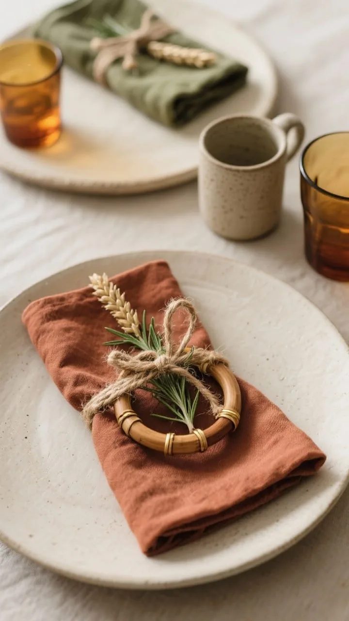 Fall kitchen table place setting with earthy linen napkin styled three ways
