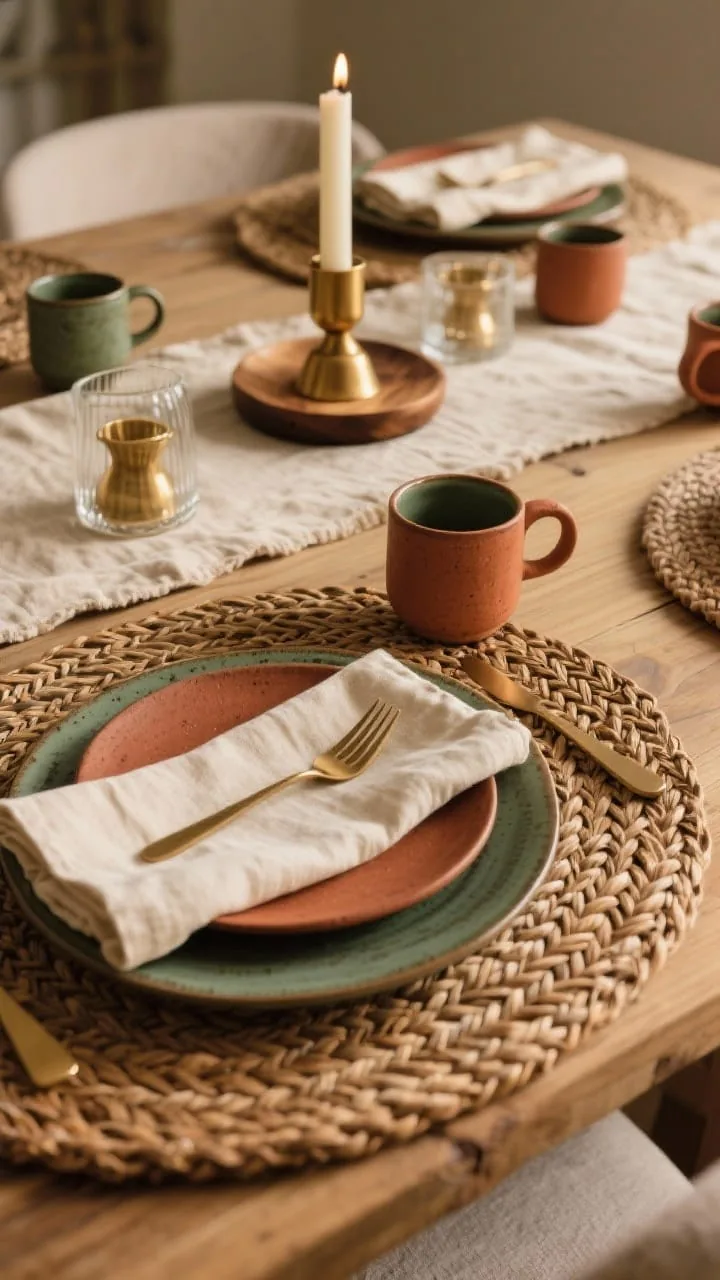 Rich texture layering on a fall kitchen tabletop with woven placemats, ceramic plates, and brass accents