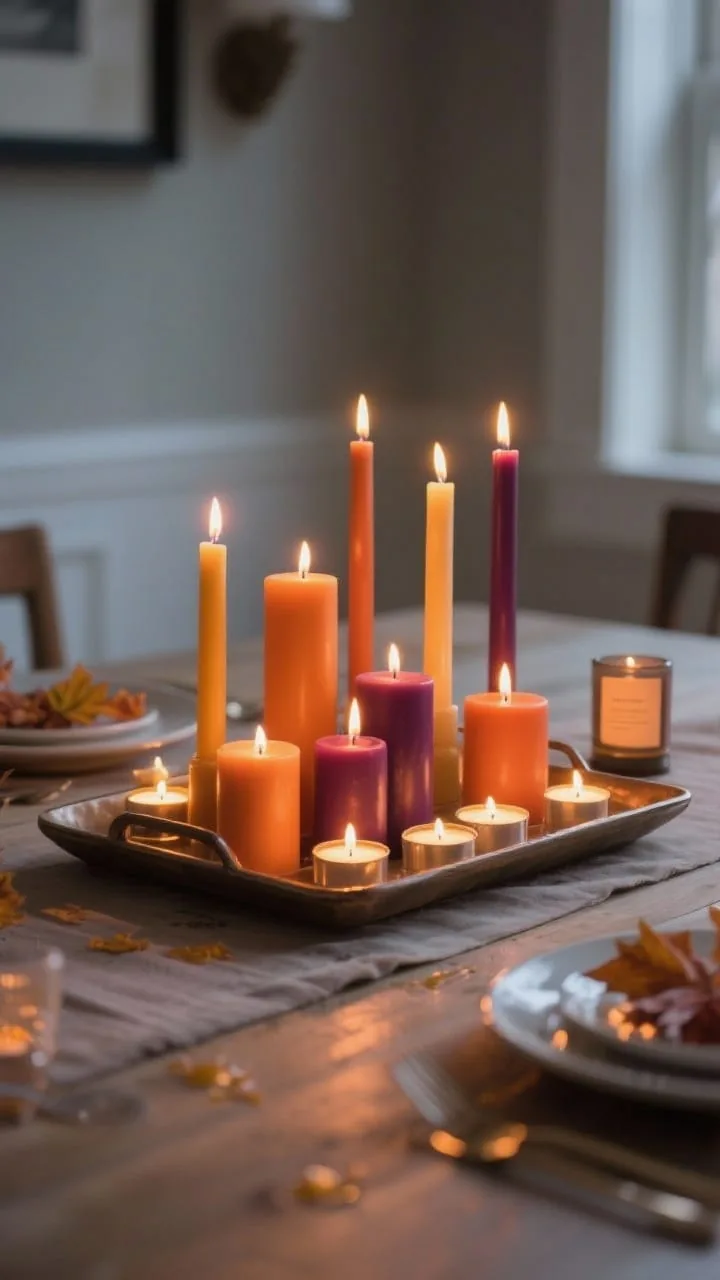 Safe and stylish candle arrangement on a fall kitchen table with mixed heights