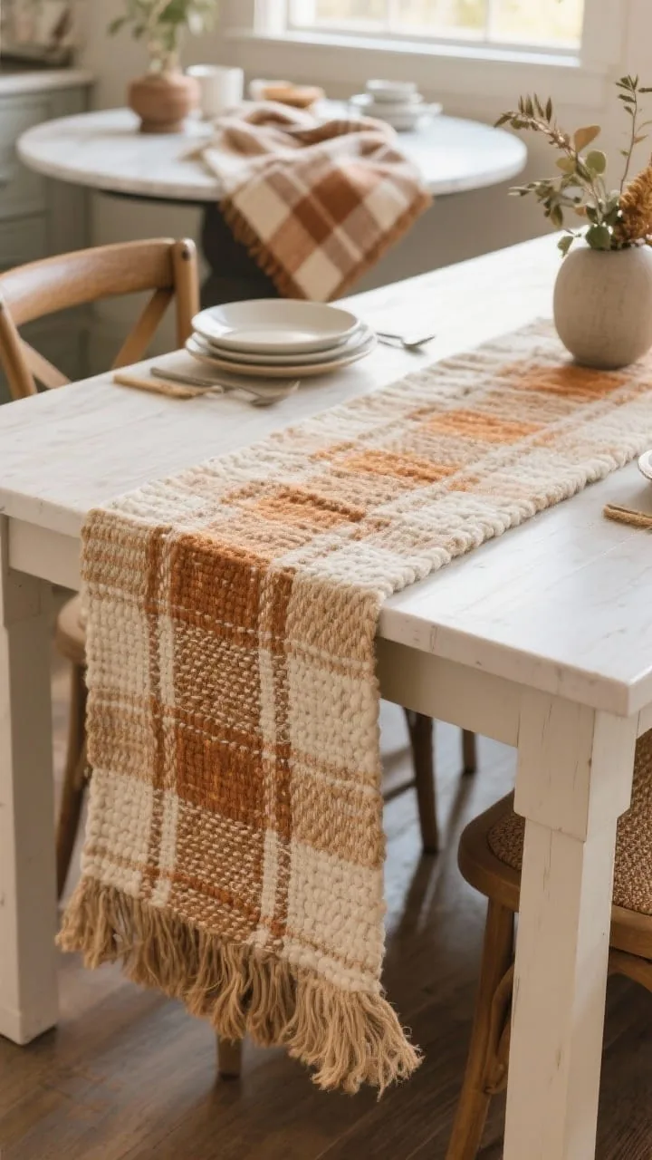 Fall kitchen table with a textured linen runner as the cozy base