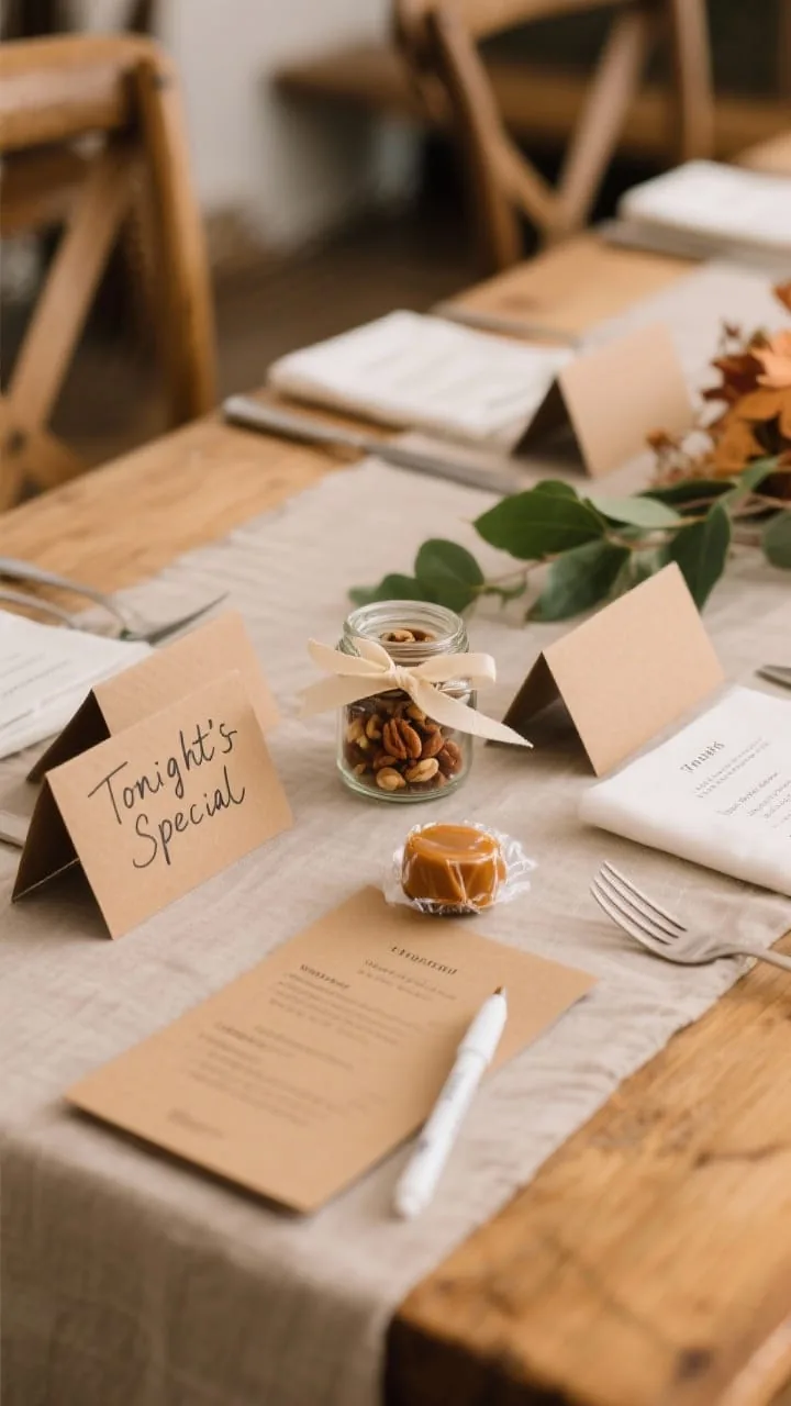 Personal touches on a fall kitchen table: handwritten place cards and mini favors
