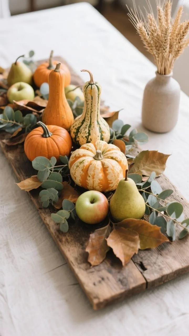 Effortless fall centerpiece on a wooden board with eucalyptus, pumpkins, and pears