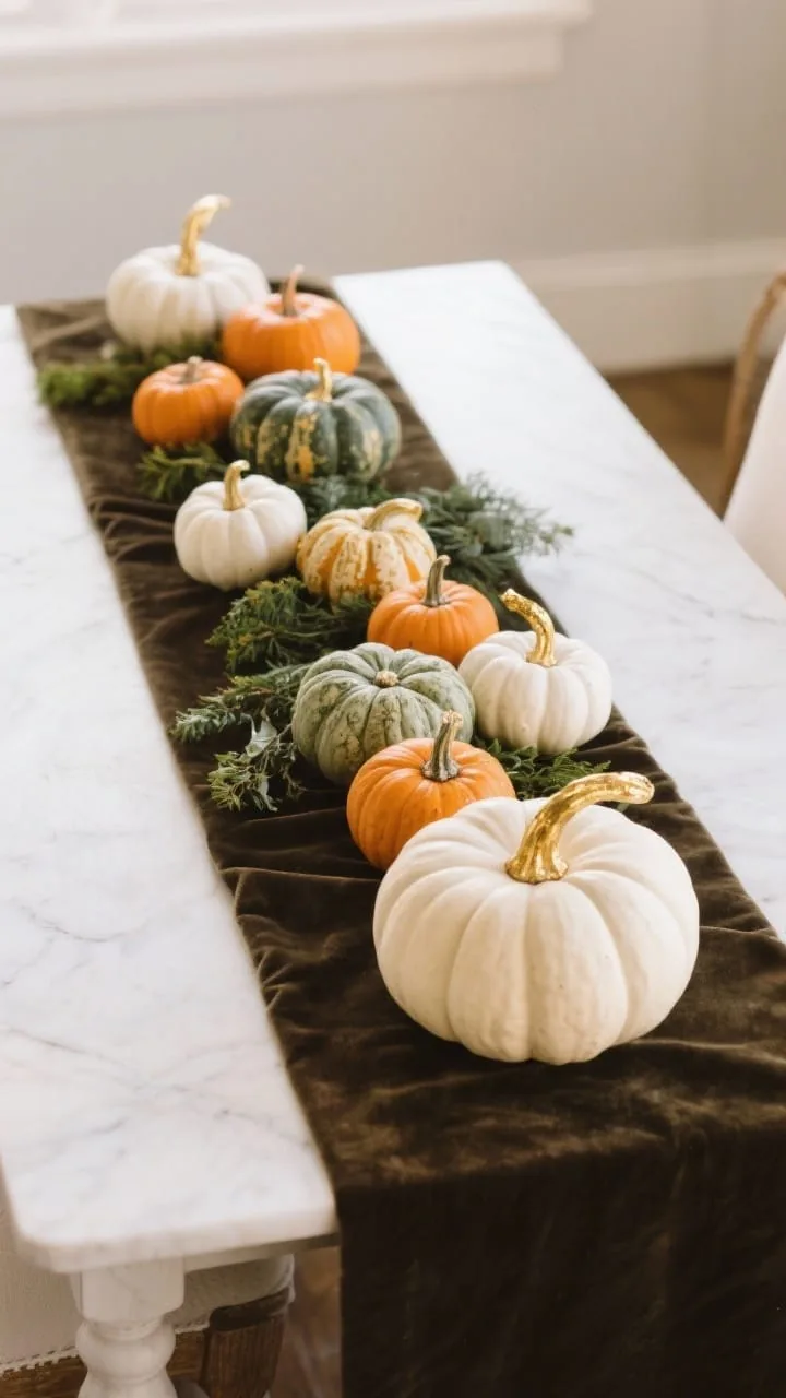Fall kitchen table runner with heirloom pumpkins in dusty greens and muted oranges