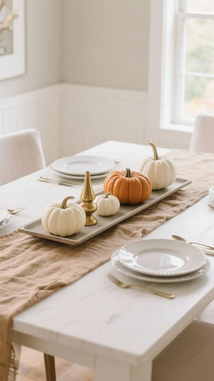 Edited and balanced fall kitchen table with a low narrow centerpiece