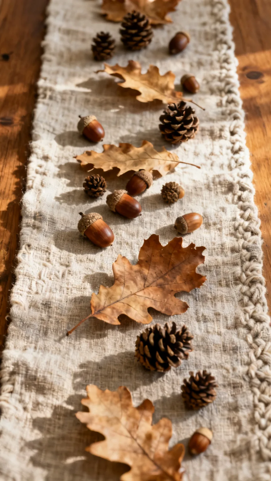 Acorns and pinecones sprinkled across a fall kitchen table runner