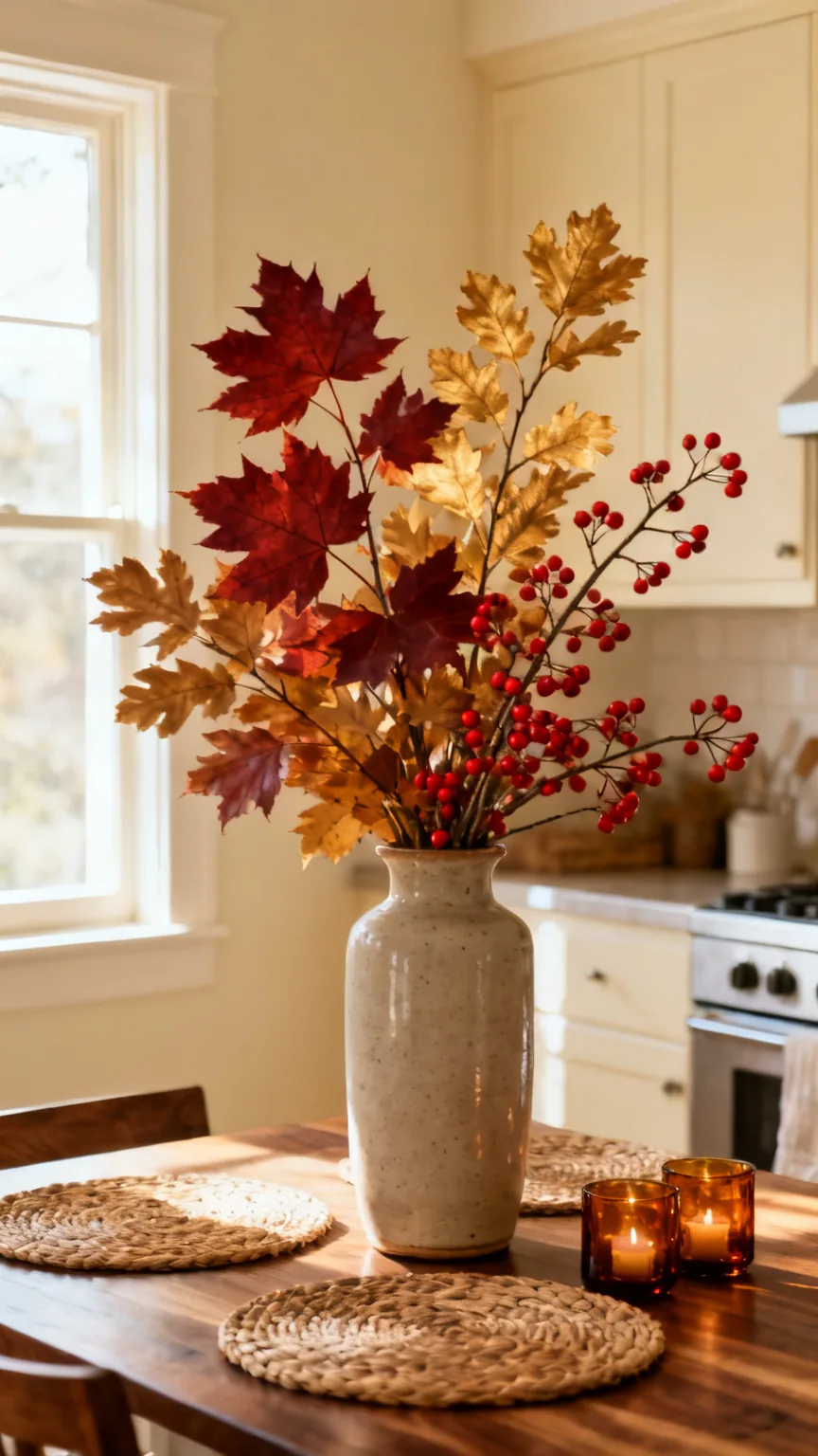 Tall fall foliage branch bouquet centerpiece on a kitchen table