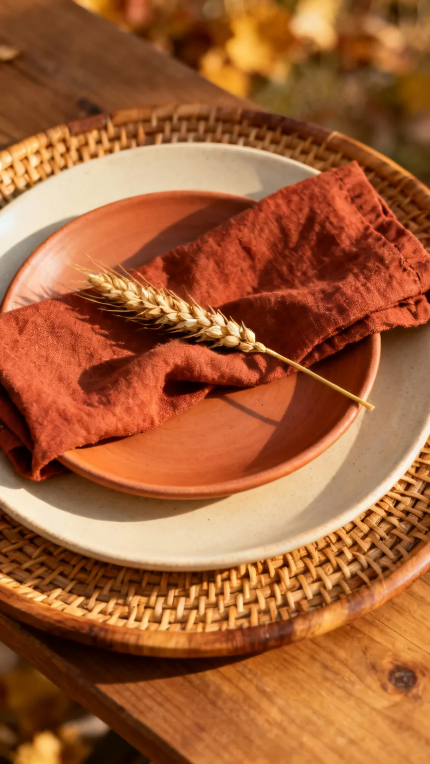 Layered charger plates in earth tones on a fall kitchen table