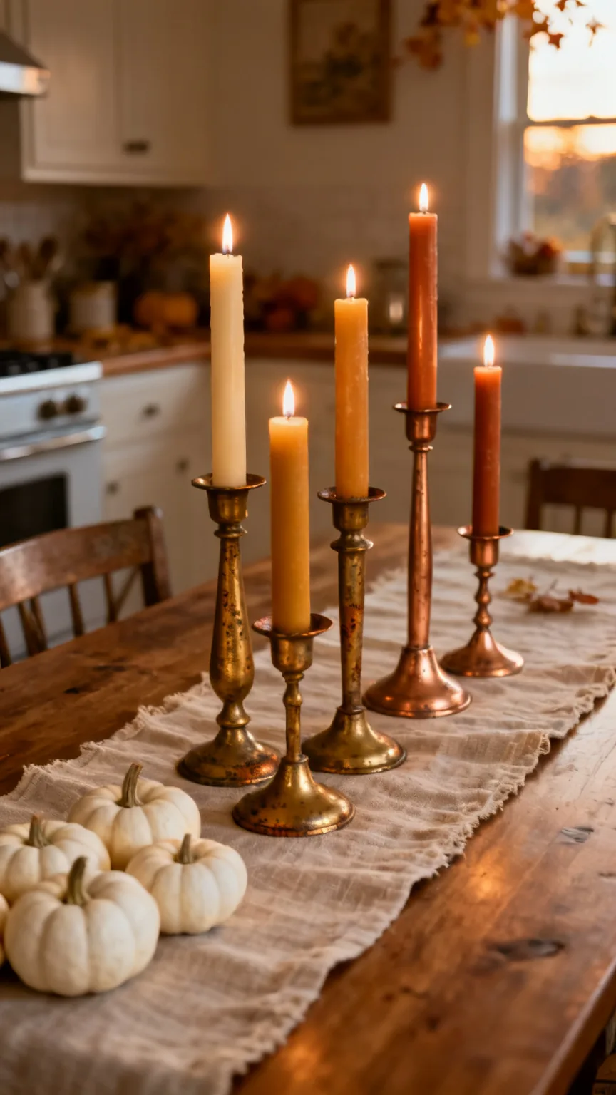 Vintage brass and copper candlesticks on a fall kitchen table