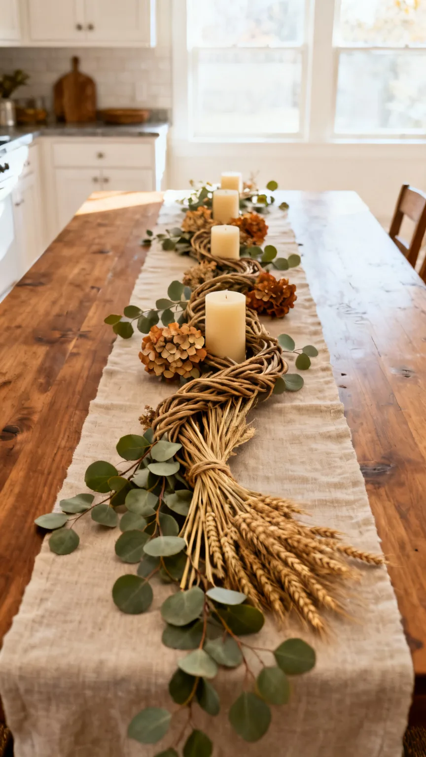 Eucalyptus and wheat garland down the center of a fall kitchen table