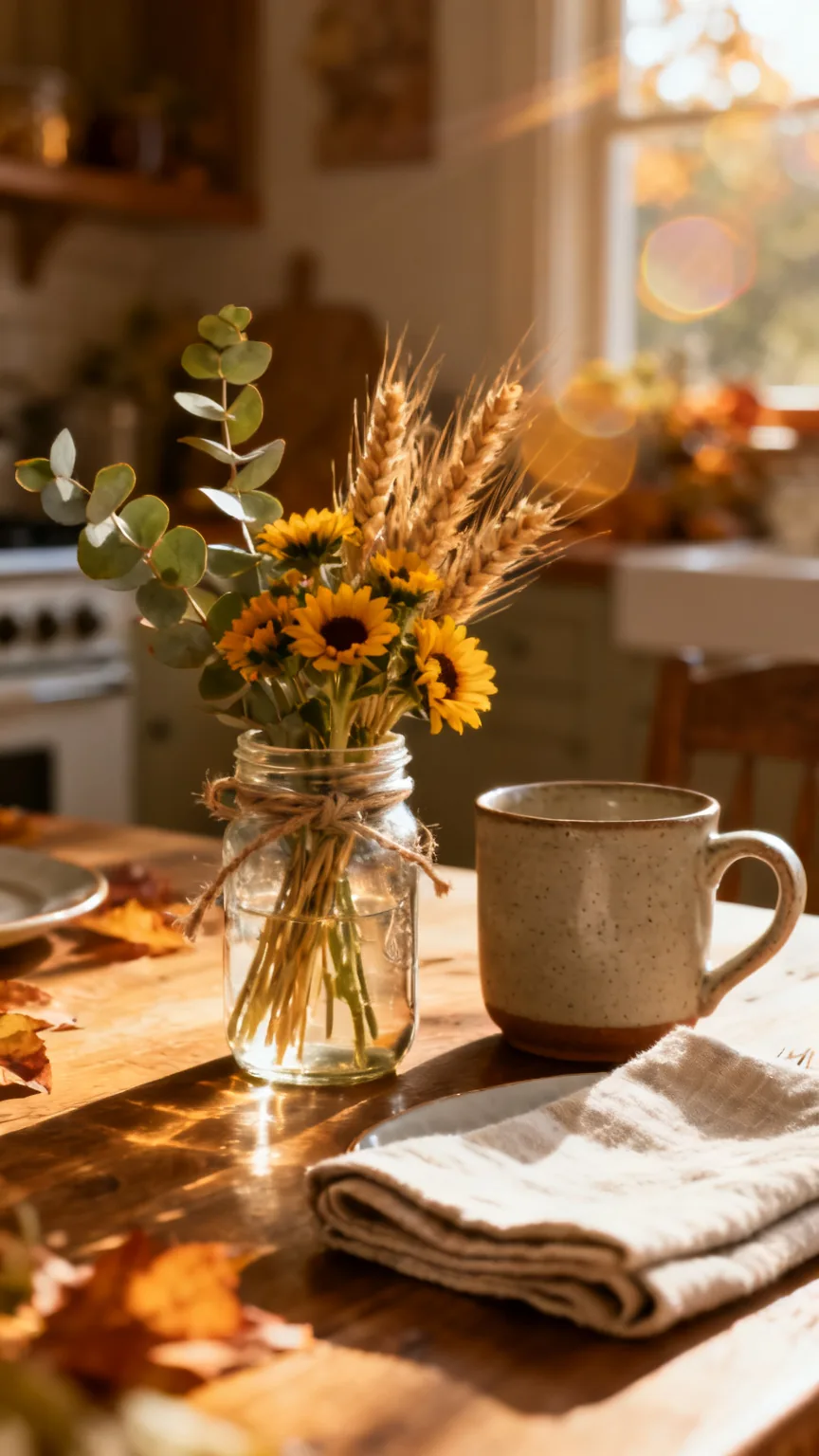 Mason jar mini bouquets at each fall kitchen table place setting