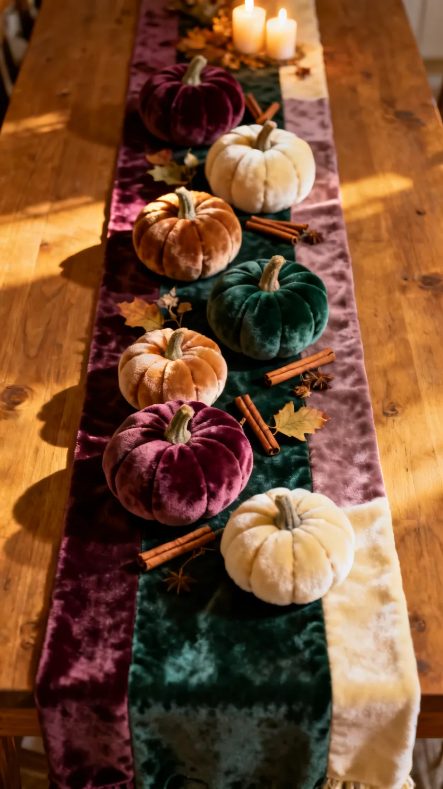 Velvet pumpkins as tactile accents on a fall kitchen table runner
