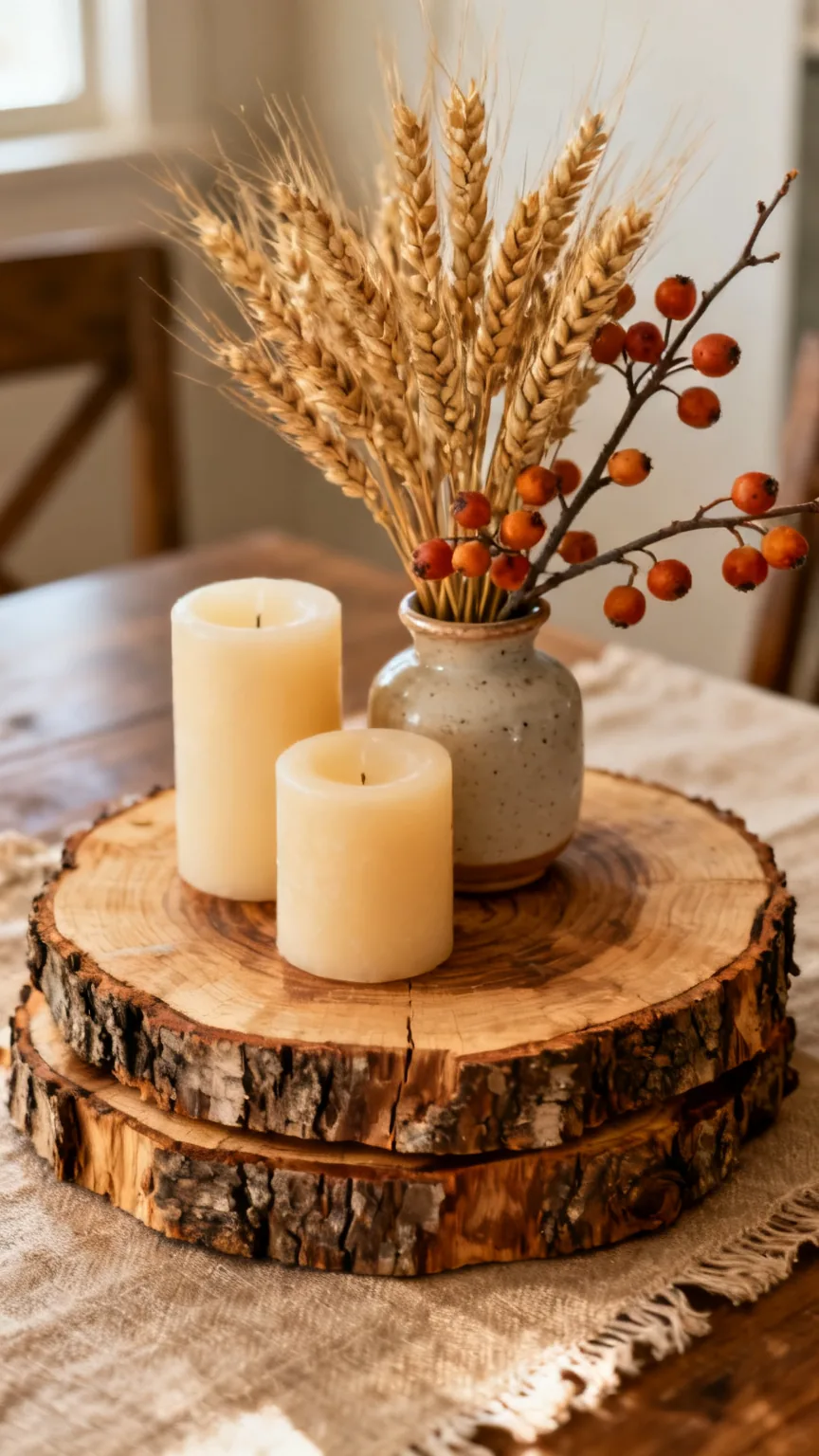 Wood slice trivets as layered bases for fall kitchen table decor