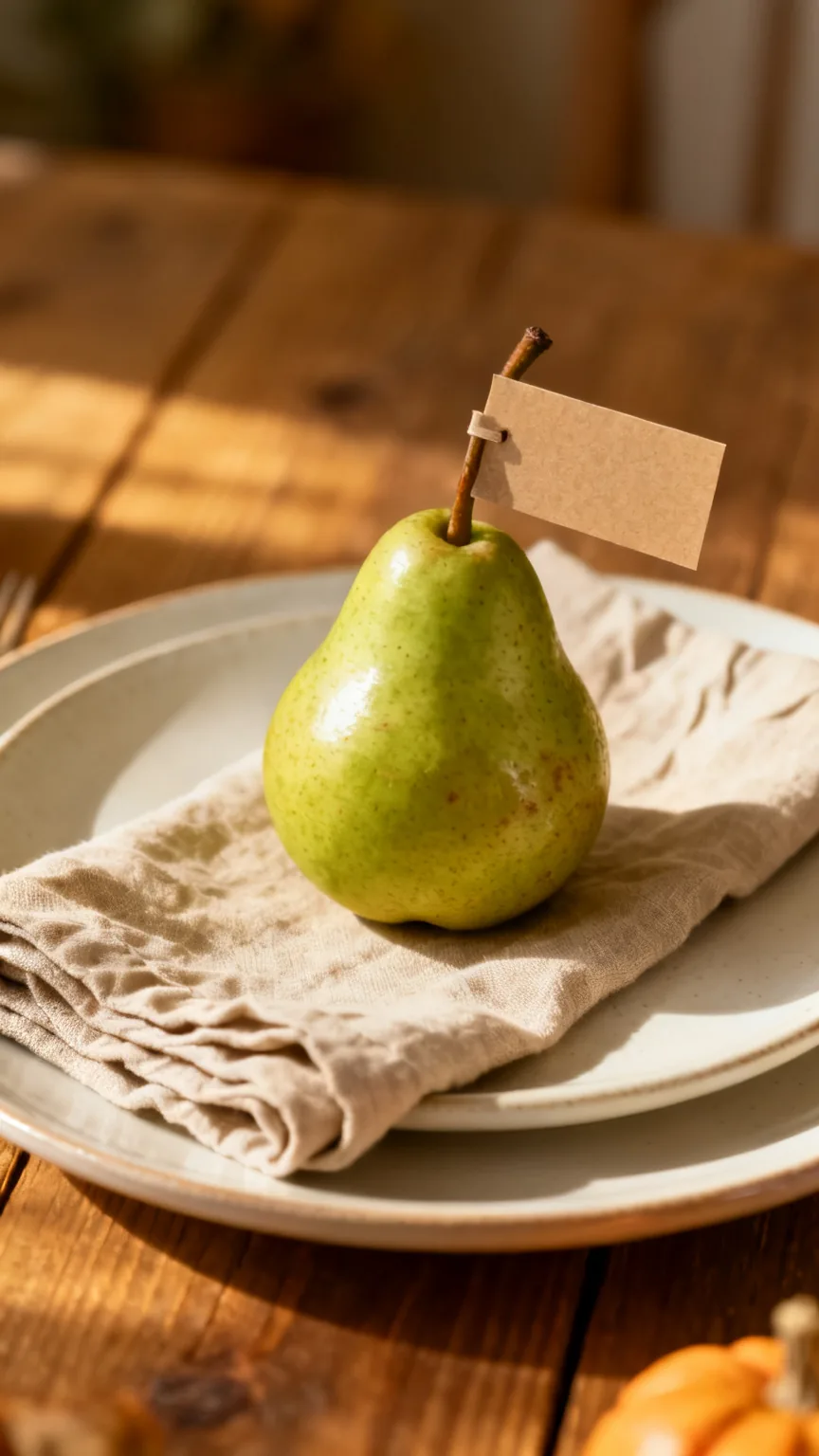 Pear place card holder on a fall kitchen table setting