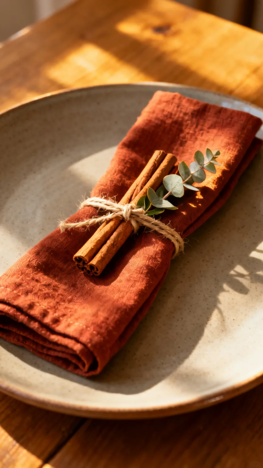 Cinnamon stick napkin bundle on a fall kitchen table place setting