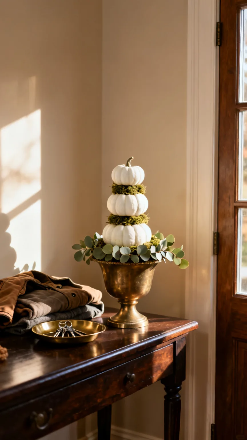 Petite pumpkin topiary on a fall entryway table
