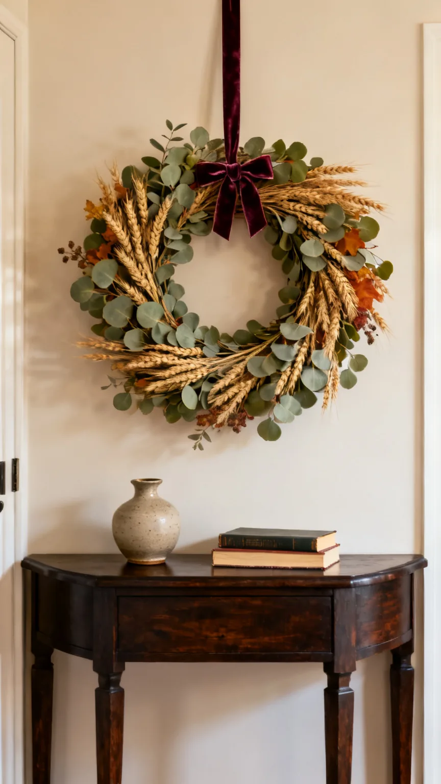 Layered fall wreath above an entryway console table