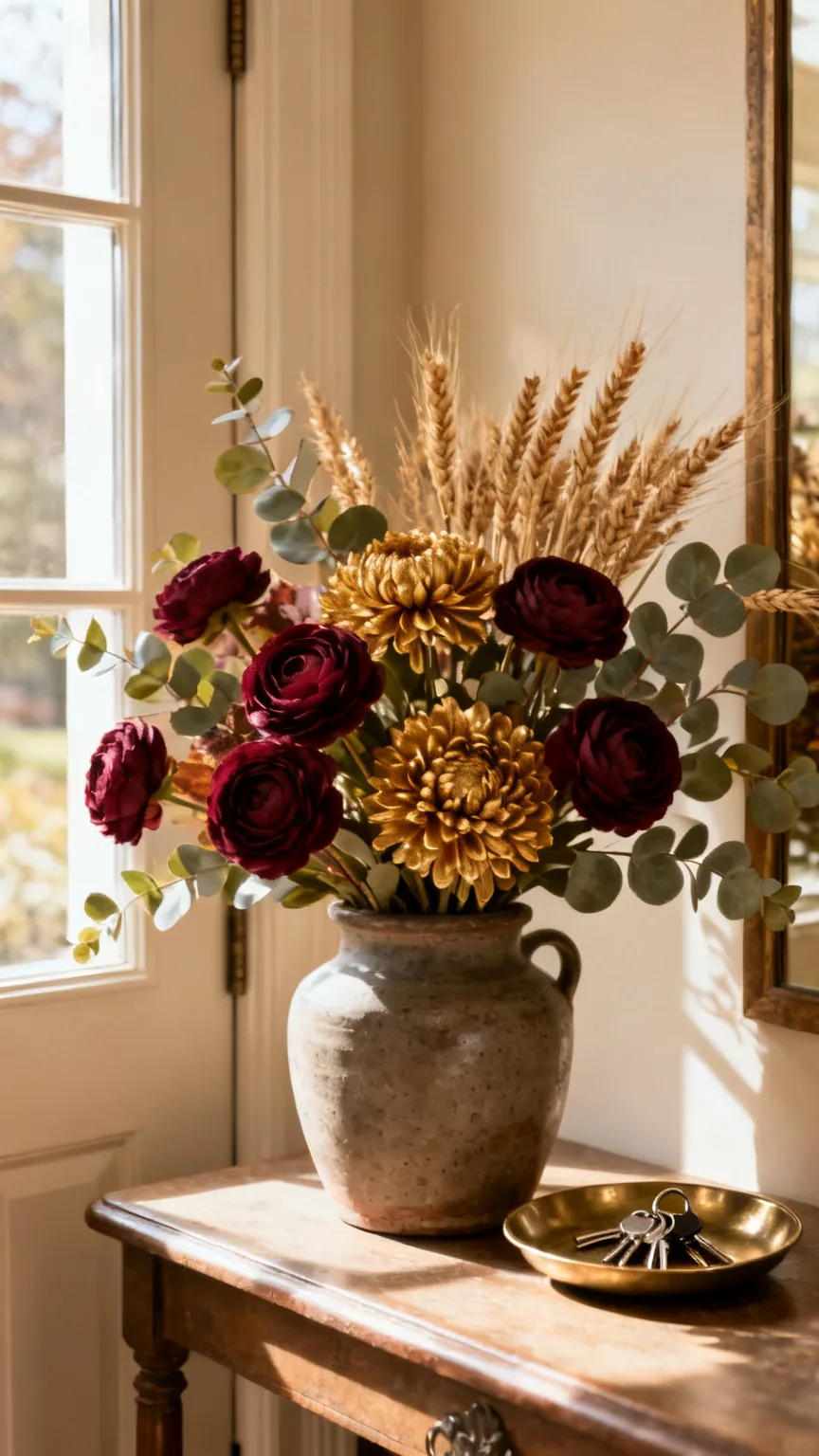Seasonal faux floral arrangement on a fall entryway table