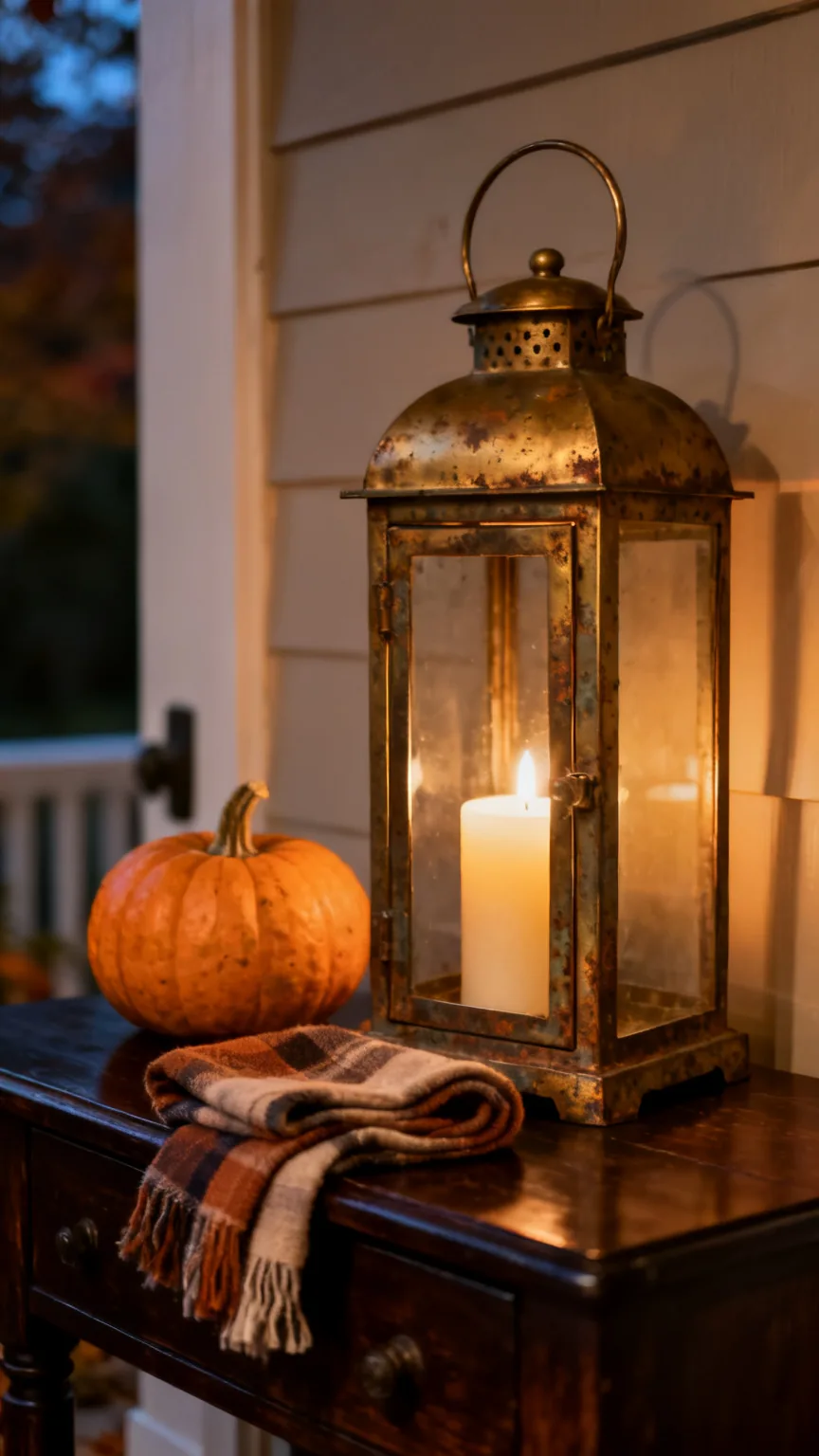 Brass lantern with pillar candle on a fall entryway table