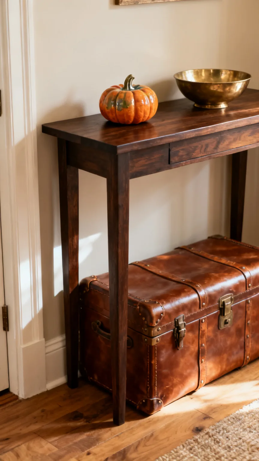 Vintage leather trunk underneath a fall entryway table